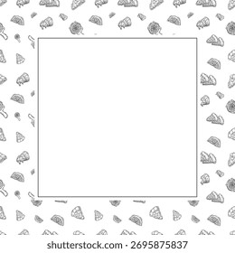 Marco cuadrado de pizza dibujado a mano, fondo de pizza en estilo doodle