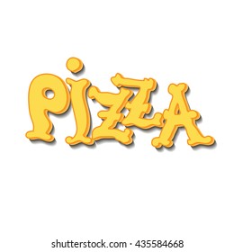 Hand drawn pizza text, yellow letters on white background isolated. Pizza lettering for Italian restaurant design or label design template. Vector illustration.