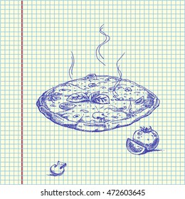 Hand drawn Pizza. Hand drawn vector stock illustration. Sheet ball pen drawing.