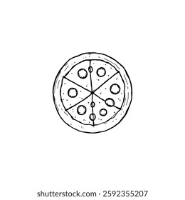 Hand drawn pizza vintage illustration. Engraving style black and white on white backgrounds. Vector