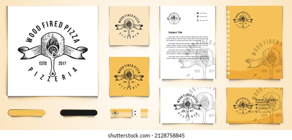 Hand Drawn Pizza Wood Plate, Vintage Pizza Shop Logo And Business Card Branding Template Designs Inspiration Isolated On White Background