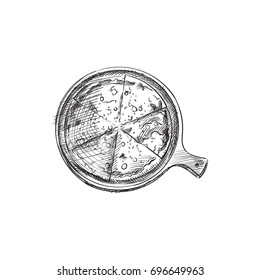 Hand Drawn Pizzeria Sketch Symbol. Vector Pizza On Plate Element In Trendy Style.