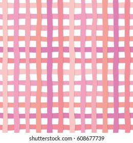 Hand drawn plaid seamless pattern background in pastel pink. Funny plasticine stripes texture. For print and web.