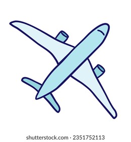 Hand drawn plane. Doodle airplane icon isolated. Clipart for travel and tourism illustration. Traveling by aeroplane. Airliner top view. Childish colored flat vector illustration