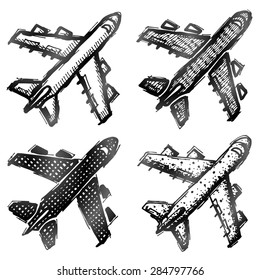 Hand drawn plane symbol, top view. Sketch of airplane in doodle style. Qualitative vector illustration about flights, plane, travel, aviation, piloting, air transport, etc. It has only solid color