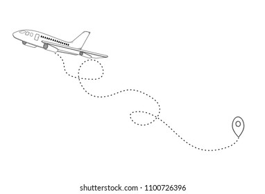 Hand drawn plane and its track on the white background. Vector illustration