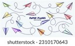 Hand drawn planes on checkered paper sheet. School notebook for drawing. Doodle airplane, dotted route line. Aircraft icon, simple colorful plane silhouettes. Outline, line art. Vector illustration