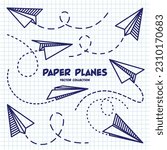 Hand drawn planes on checkered paper sheet. School notebook for drawing. Doodle airplane, dotted route line. Aircraft icon, simple monochrome plane silhouettes. Outline, line art. Vector illustration