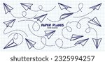 Hand drawn planes on checkered paper sheet. School notebook for drawing. Doodle airplane, dotted route line. Aircraft icon, simple monochrome plane silhouettes. Outline, line art. Vector illustration