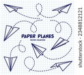 Hand drawn planes on checkered paper sheet. School notebook for drawing. Doodle airplane, dotted route line. Aircraft icon, simple monochrome plane silhouettes. Outline, line art. Vector illustration