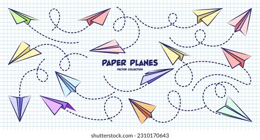 Hand drawn planes on checkered paper sheet. School notebook for drawing. Doodle airplane, dotted route line. Aircraft icon, simple colorful plane silhouettes. Outline, line art. Vector illustration