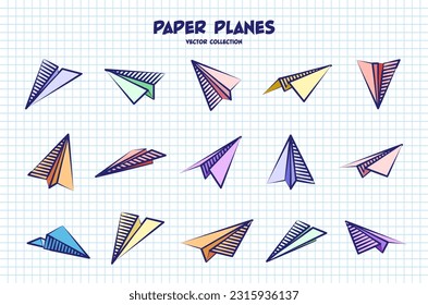 Planos dibujados a mano en hojas de papel a cuadros. Ordenador portátil escolar para dibujar. Avión Doodle. Icono de la aeronave, simples siluetas de avión coloridas. Dibujo de esquema, línea artística. Ilustración vectorial