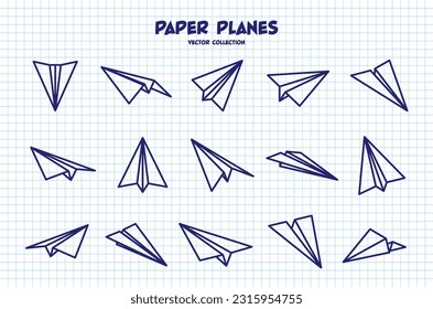 Hand drawn planes on checkered paper sheet. School notebook for drawing. Doodle airplane. Aircraft icon, simple monochrome plane silhouettes. Outline, line art. Vector illustration