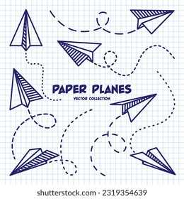 Hand drawn planes on checkered paper sheet. School notebook for drawing. Doodle airplane, dotted route line. Aircraft icon, simple monochrome plane silhouettes. Outline, line art. Vector illustration