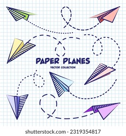 Hand drawn planes on checkered paper sheet. School notebook for drawing. Doodle airplane, dotted route line. Aircraft icon, simple colorful plane silhouettes. Outline, line art. Vector illustration