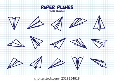 Planos dibujados a mano en hojas de papel a cuadros. Ordenador portátil escolar para dibujar. Avión Doodle. Icono de la aeronave, siluetas simples de plano monocromo. Dibujo de esquema, línea artística. Ilustración vectorial