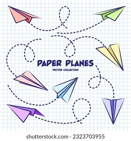 Hand drawn planes on checkered paper sheet. School notebook for drawing. Doodle airplane, dotted route line. Aircraft icon, simple colorful plane silhouettes. Outline, line art. Vector illustration