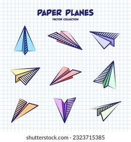 Hand drawn planes on checkered paper sheet. School notebook for drawing. Doodle airplane. Aircraft icon, simple colorful plane silhouettes. Outline, line art. Vector illustration