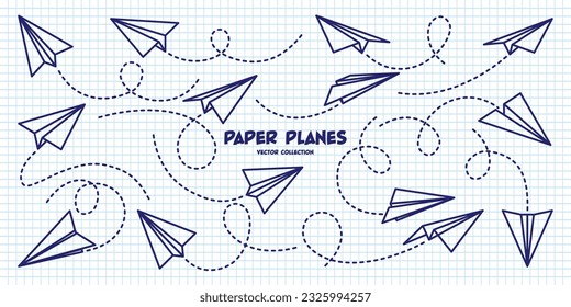 Hand drawn planes on checkered paper sheet. School notebook for drawing. Doodle airplane, dotted route line. Aircraft icon, simple monochrome plane silhouettes. Outline, line art. Vector illustration