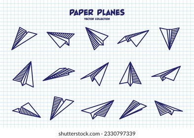 Hand drawn planes on checkered paper sheet. School notebook for drawing. Doodle airplane. Aircraft icon, simple monochrome plane silhouettes. Outline, line art. Vector illustration