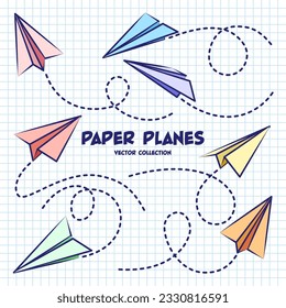 Hand drawn planes on checkered paper sheet. School notebook for drawing. Doodle airplane, dotted route line. Aircraft icon, simple colorful plane silhouettes. Outline, line art. Vector illustration