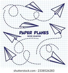 Hand drawn planes on checkered paper sheet. School notebook for drawing. Doodle airplane, dotted route line. Aircraft icon, simple monochrome plane silhouettes. Outline, line art. Vector illustration