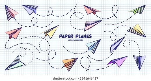 Hand drawn planes on checkered paper sheet. School notebook for drawing. Doodle airplane, dotted route line. Aircraft icon, simple colorful plane silhouettes. Outline, line art. Vector illustration