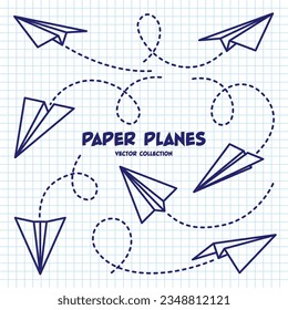 Planos dibujados a mano en hojas de papel a cuadros. Ordenador portátil escolar para dibujar. Avión Doodle, línea de ruta punteada. Icono de la aeronave, siluetas simples de plano monocromo. Dibujo de esquema, línea artística. Ilustración vectorial