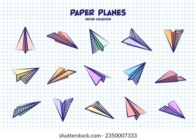Hand drawn planes on checkered paper sheet. School notebook for drawing. Doodle airplane. Aircraft icon, simple colorful plane silhouettes. Outline, line art. Vector illustration
