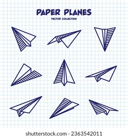 Hand drawn planes on checkered paper sheet. School notebook for drawing. Doodle airplane. Aircraft icon, simple monochrome plane silhouettes. Outline, line art. Vector illustration