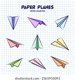 Hand drawn planes on checkered paper sheet. School notebook for drawing. Doodle airplane. Aircraft icon, simple colorful plane silhouettes. Outline, line art. Vector illustration