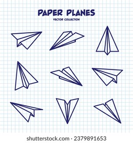 Planos dibujados a mano en hojas de papel a cuadros. Ordenador portátil escolar para dibujar. Avión Doodle. Icono de la aeronave, siluetas simples de plano monocromo. Dibujo de esquema, línea artística. Ilustración vectorial