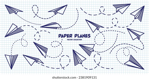 Hand drawn planes on checkered paper sheet. School notebook for drawing. Doodle airplane, dotted route line. Aircraft icon, simple monochrome plane silhouettes. Outline, line art. Vector illustration