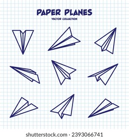 Hand drawn planes on checkered paper sheet. School notebook for drawing. Doodle airplane. Aircraft icon, simple monochrome plane silhouettes. Outline, line art. Vector illustration