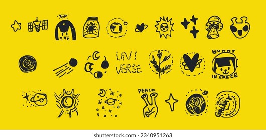 hand drawn planet aliens's ufo star sun moon earth vector icon 