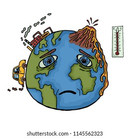 Hand drawn planet Earth with sad face. Global warming and pollution with cars and plants. Color vector illustration