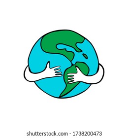 Hand drawn planet with hugging arms around it. Earth day concept. Vector illustration.