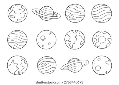 Hand Drawn Planet Icons Set Vector Illustration, Space Objects Collection