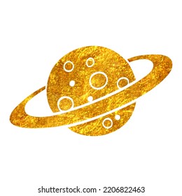 Hand Drawn Planet Saturn Icon In Gold Foil Texture Vector Illustration