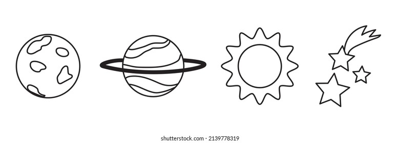 Hand drawn planet star set. Sketch pattern. Line art set. Vector illustration. stock image. 