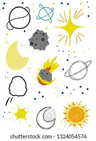 Hand drawn planet, sun, comet, moon in the universe