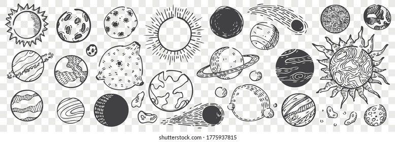 Hand drawn planets doodle set. Collection of pencil chalk drawing sketches of Venus Mercury Sun Earth Neptune Jupiter Saturn on transparent background. Outer space objects illustration.