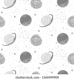 Hand drawn planets seamless vector pattern background gray on white star cosmic shapes. Starry galaxy repeat texture.