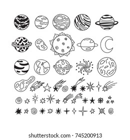 Hand drawn planets, stars, asteroids and other space objects. Cute doodle style. Sketch set of space elements and symbols. Universe, galaxy. Vector illustration