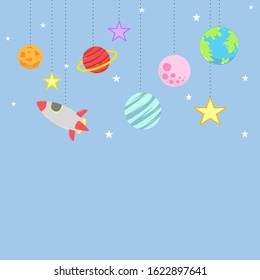 Hand drawn planets, stars and rocket showing the beauty of space exploration, Cartoon doodle style.