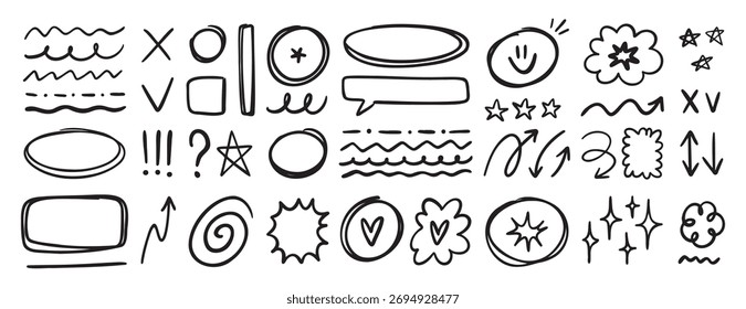 Los Elementos dibujados a mano del doodle del bosquejo del planificador fijan Formas simples del diseño. Ilustración vectorial