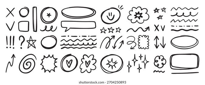 Los Elementos dibujados a mano del doodle del bosquejo del planificador fijan Formas simples del diseño. Ilustración vectorial