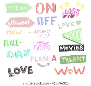 hand drawn Planner stickers set. Signs, symbols, objects and templates