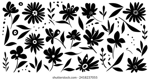 Hand drawn plant elements, flowers and leaves, vector design