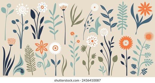 Handgezeichnete Pflanzenelemente, Blumen und Blätter, Vektordesign